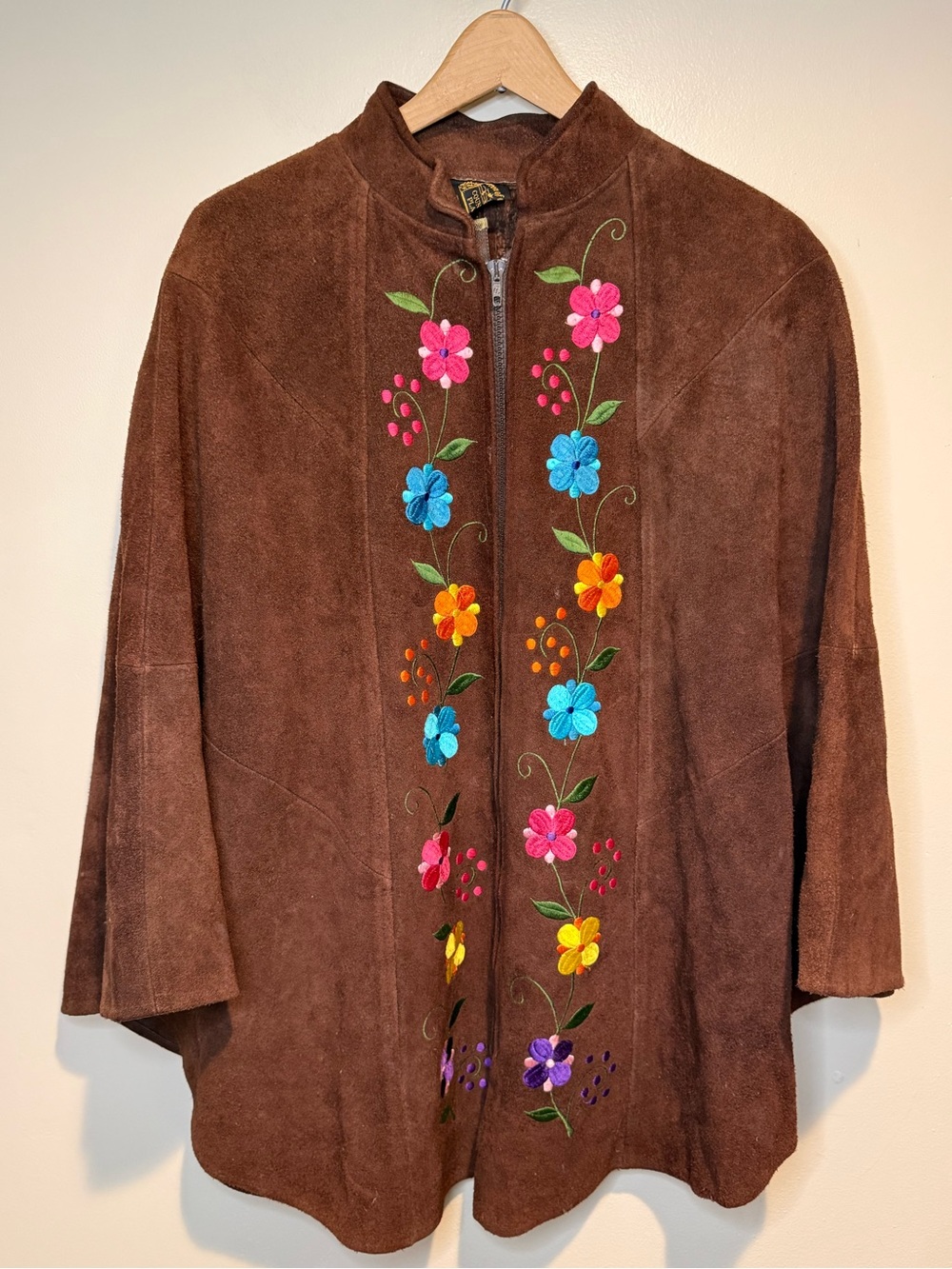 Vintage 1970s Queen of the Capes Suede Floral Embroidery Zip Cape Boho Hippie